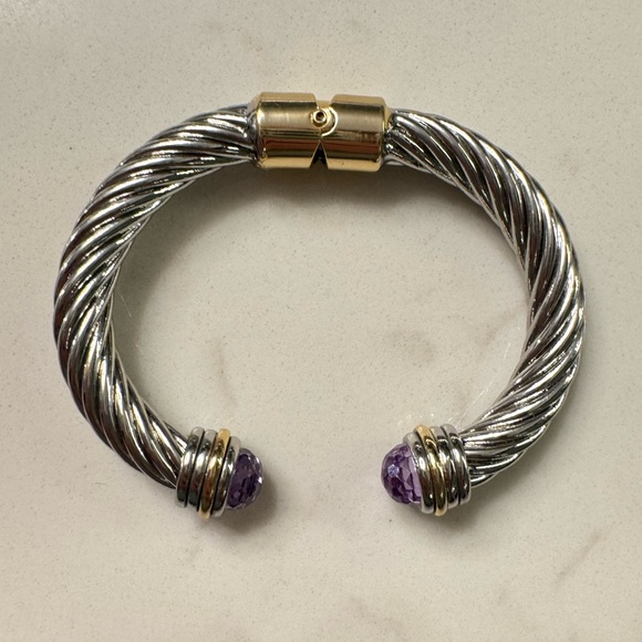 Two Tone Cable Bracelet Hinged Open Cuff with Large Purple Crystals - Picture 11 of 14